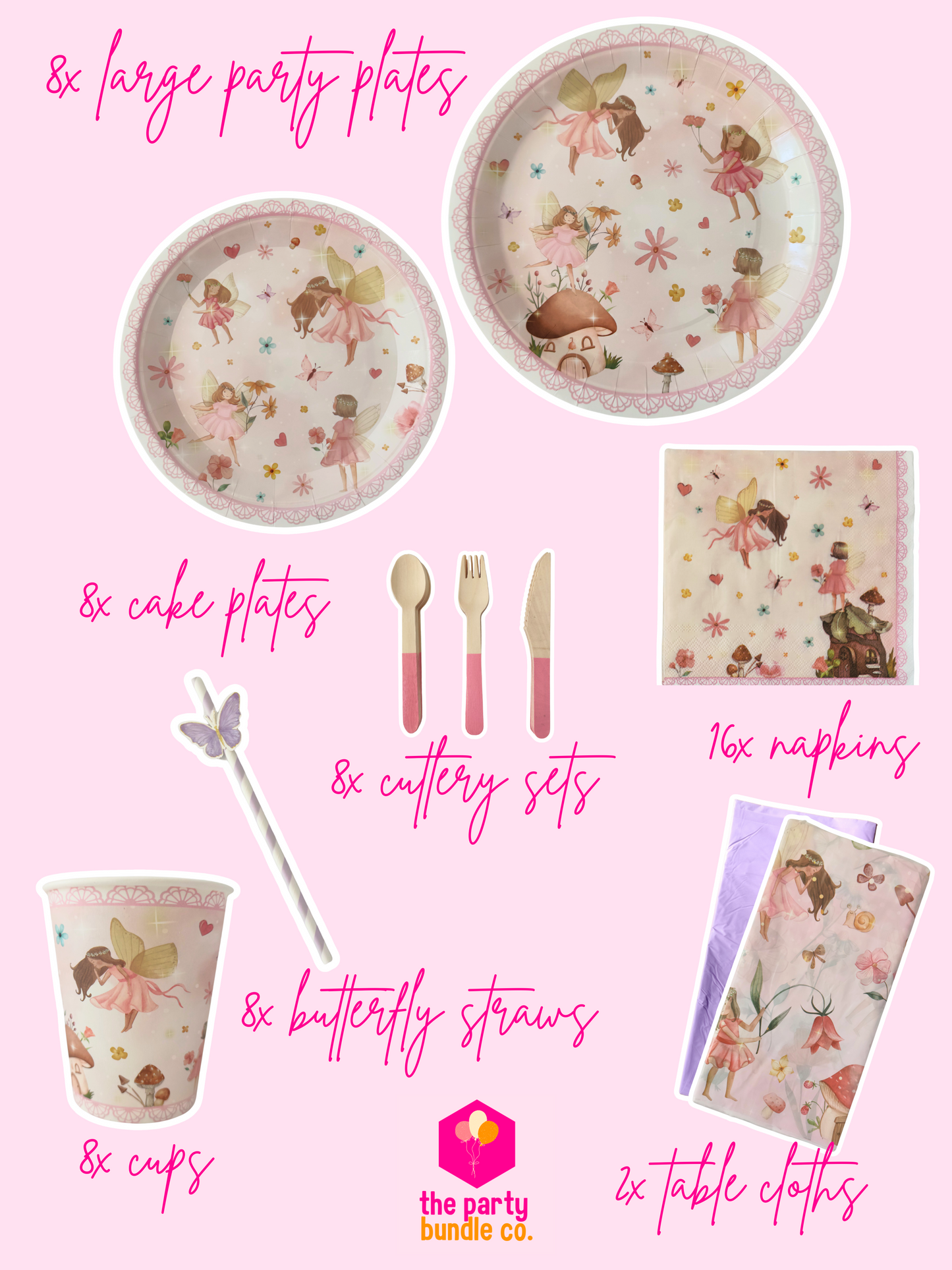 Photos and descriptions of the main party tableware in the enchanted garden party bundle