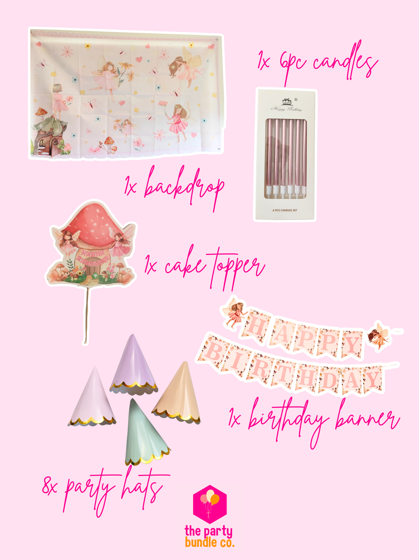 Photos and descriptions of the main decorative elements in the Enchanted Garden Party Bundle