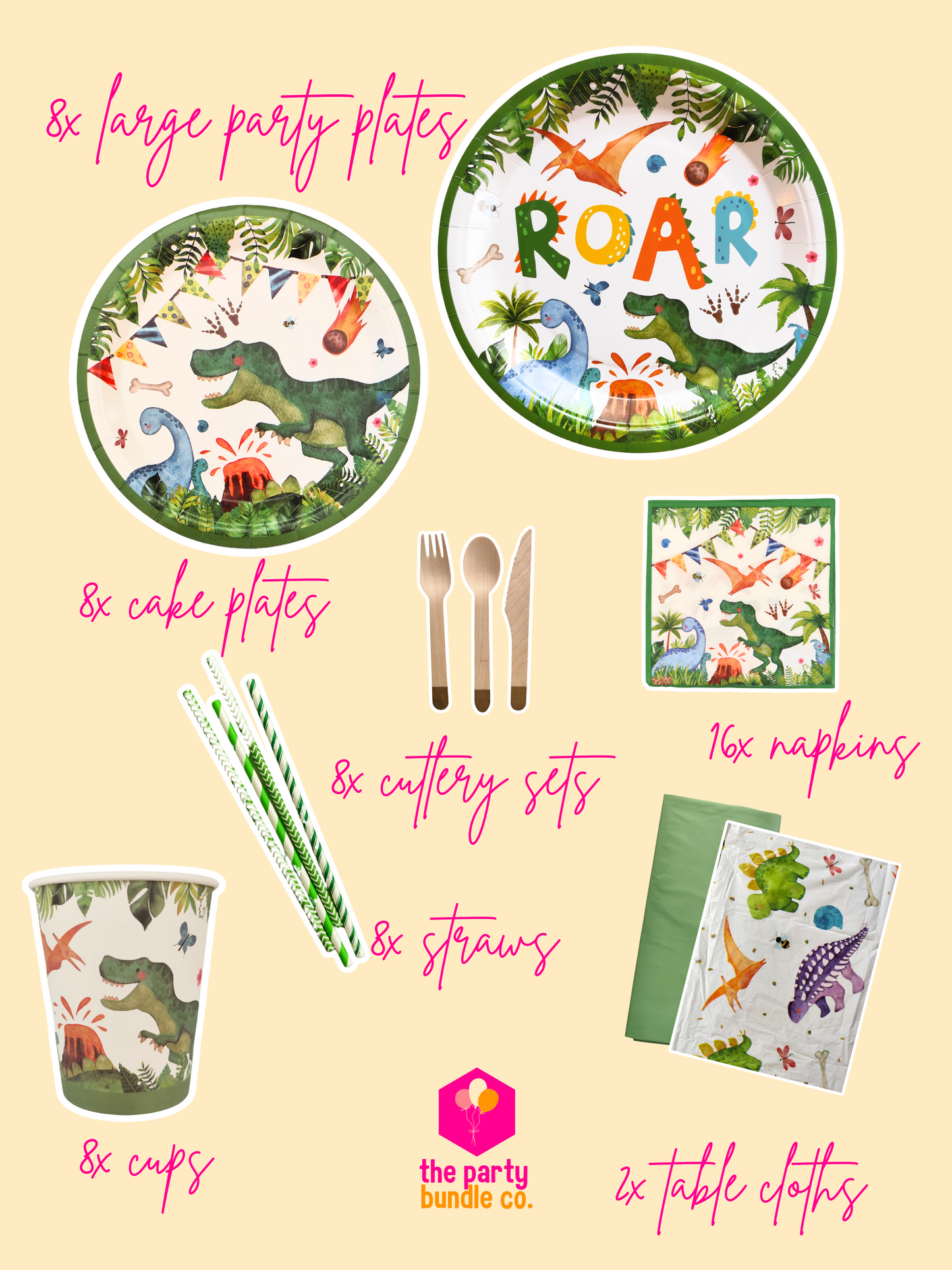 Product photos and descriptions of main tableware in Dino Bundle