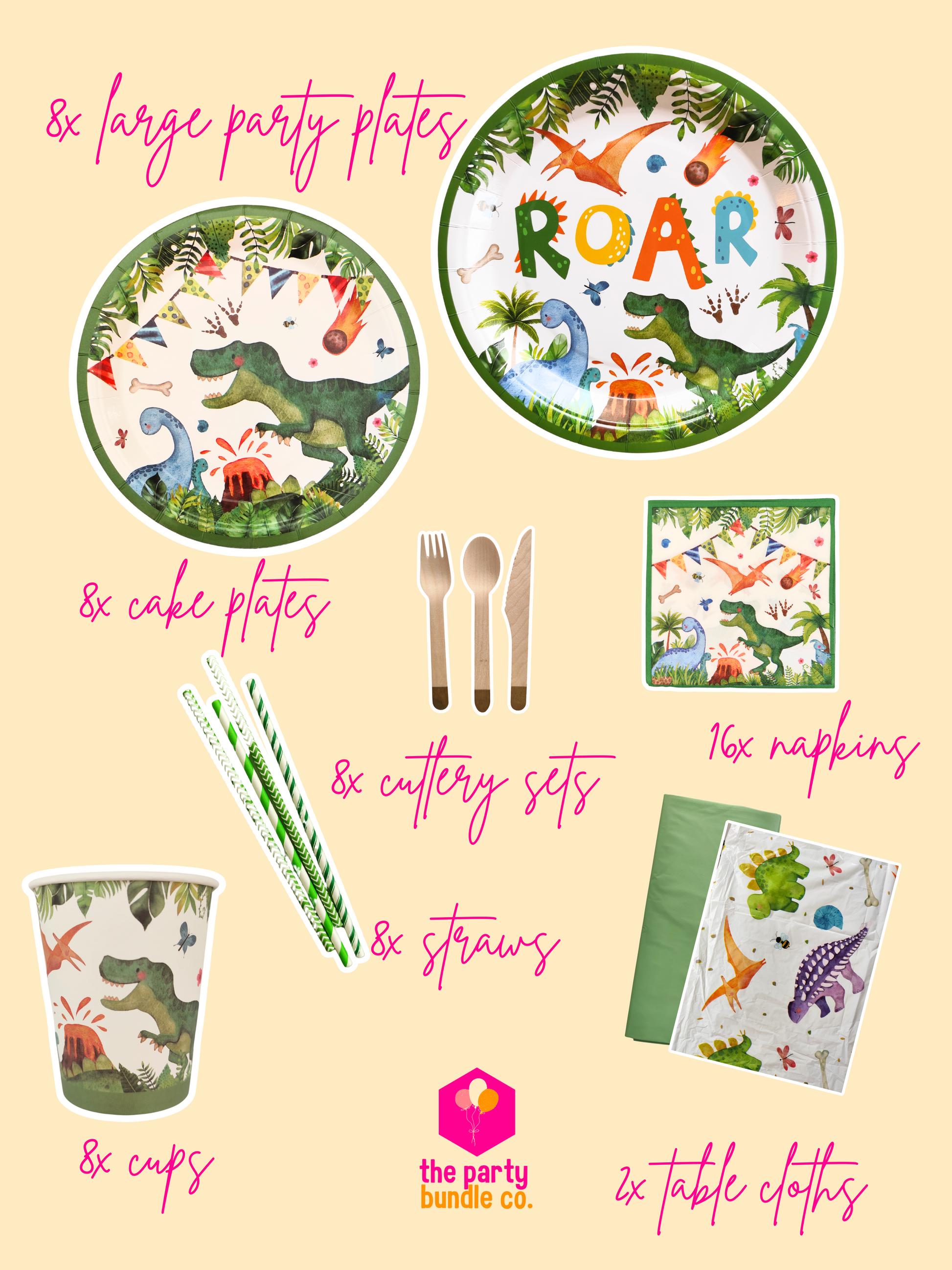Product photos and descriptions of main tableware in Dino Bundle