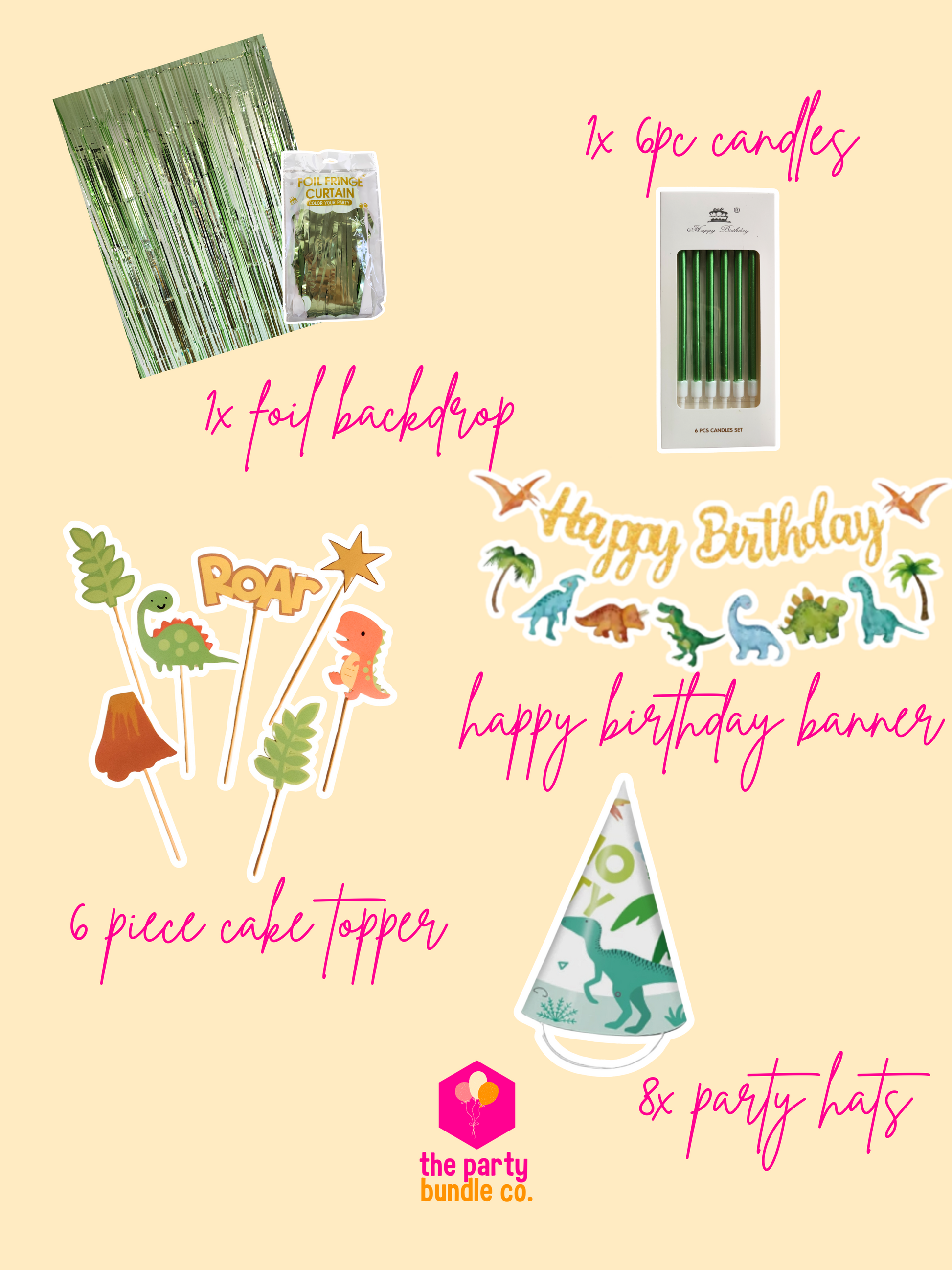 Product photos and descriptions of decorative elements in the Dino Party bundle