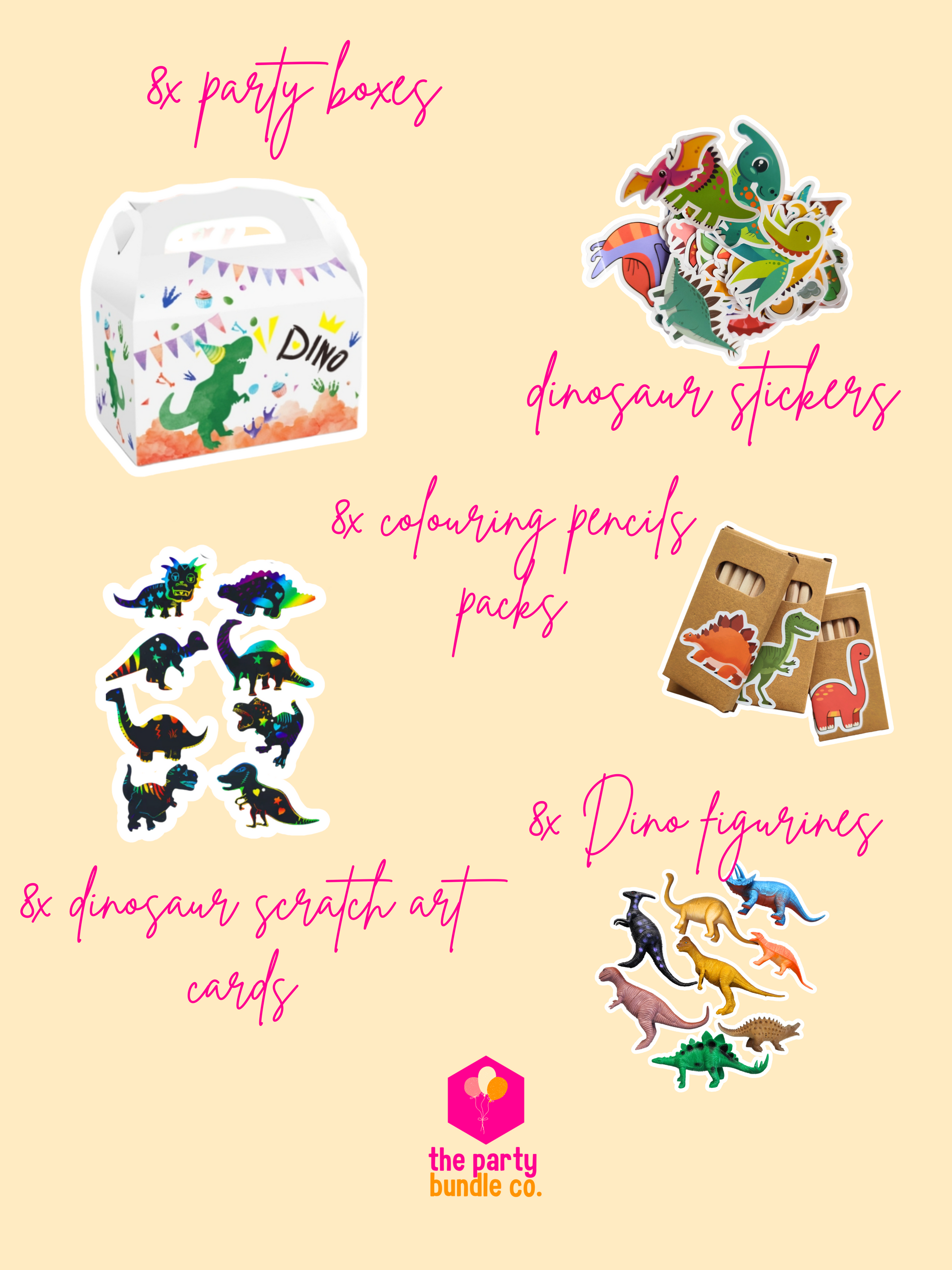 Product photos and descriptions of party favour kits in the dino bundle