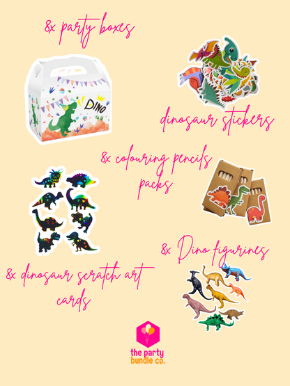 Product photos and descriptions of party favour kits in the dino bundle