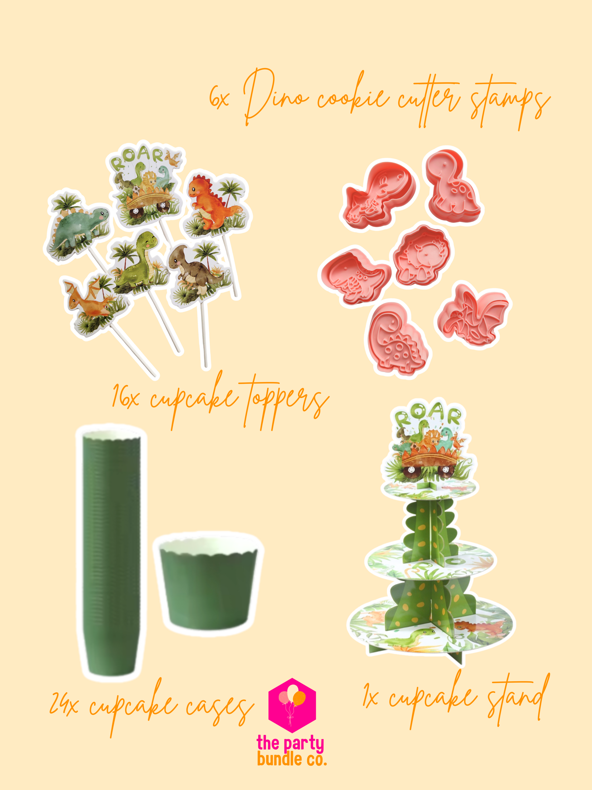 Details of products in the Dinosaur theme bake it bundle